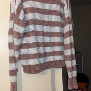 Brown and White Crew Neck Striped Sweater